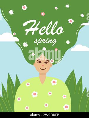 Hallo Frühlingsbanner mit einem Mädchen und Blumen in hellen Frühlingsfarben Stock Vektor