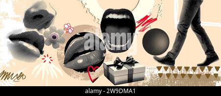 Collage Vektor Illustration Grunge Banner in beigefarbenem Hintergrund. Elemente wie Lippen, Augen, Nase, offener Mund, Gehzustand, und Geschenkboxen. Stockfoto