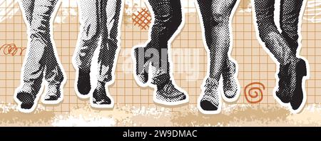 Collage Vektor Illustration Grunge Banner, Nahaufnahme der Fußstapfen einer Gruppe junger Individuen in einem Gehzustand, Spaziergang für Fitness Stockfoto