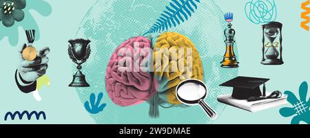 Collage Vektor Illustration Grunge Banner, akademische Leistung wird anerkannt. Ruhig mit Elementen wie Gehirn, Sanduhr, Medaille, Blatt, Stockfoto