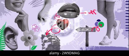 Collage Vektor Illustration Grunge Banner in beigefarbenem Hintergrund. Elemente wie Lippen, Augen, Nase, Lächeln im Mund, Gehzustand, und Geschenkboxen. Stockfoto