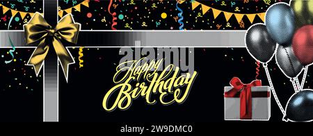 Collage, Vektor-Illustration Grunge-Banner. Geburtstagsplakat auf schwarzem Hintergrund mit Ballons, Bändern, Konfetti und einer Geschenkbox Stockfoto