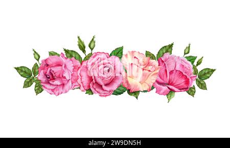 Komposition mit rosa Rosenblüten, Knospen und grünen Blättern. Handgezeichnete Aquarellillustration isoliert auf weißem Hintergrund. Zum Valentinstag Stockfoto