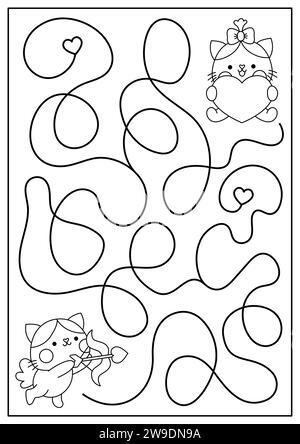 St. Valentine schwarz-weiß Labyrinth für Kinder. Ich liebe die Aktivität mit Kawaii-Katzen zum Ausdrucken. Labyrinth-Spiel, Puzzle, Ausmalseite mit süß Stock Vektor