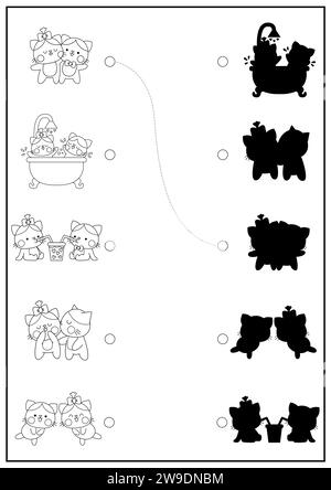 St. Valentine Schwarzweiß-Schatten-Aktivität mit Katzen. Liebe Ferienpuzzle mit Kawaii-Tieren. Finden Sie die richtige bedruckbare Workshe für die Silhouette Stock Vektor