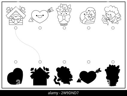 St. Valentine: Schwarz-weiß-Schatten-Matching-Aktivität. Liebe Weihnachtsform-Erkennung Kawaii-Puzzle. Finden Sie das richtige druckbare Arbeitsblatt für die Silhouette, c Stock Vektor