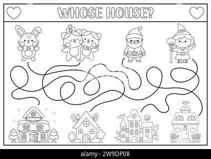 Ein schwarz-weißes Labyrinth für Kinder. Line-Aktivität mit Kawaii Santa Claus, Hexe, Katzen, Häschen, Haus. Labyrinth-Spiel, Puzzle, Ausmalseite mit CH Stock Vektor