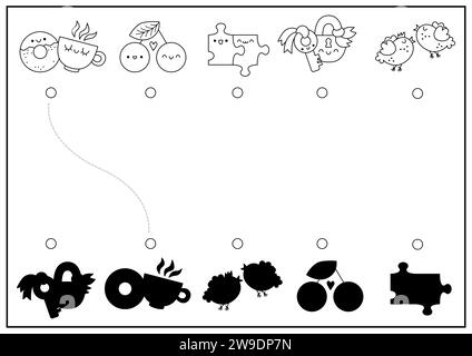 St. Valentine: Schwarz-weiß-Schatten-Matching-Aktivität. Ich liebe Holiday Line Kawaii Puzzle. Suchen Sie das richtige druckbare Arbeitsblatt für die Silhouette. Niedliche Färbung Stock Vektor