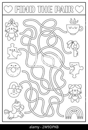 St. Valentine schwarz-weiß Labyrinth für Kinder. Ich liebe die Aktivitäten mit Kawaii-Paaren zum Ausdrucken. Labyrinth-Spiel, Puzzle, Ausmalseite mit Katze, Stock Vektor