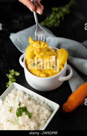 Gabel mit einem Stück Hühner aus einem typischen peruanischen Gericht. Stockfoto