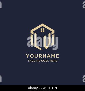 Initialen LV-Logo mit abstraktem Hauptdach-Sechseck-Form, einfache und moderne Immobilien-Logo-Design-Vektorgrafik Stock Vektor