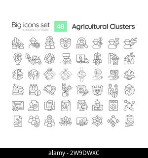 2D-bearbeitbare Symbole in großen schwarzen Linien für landwirtschaftliche Cluster Stock Vektor