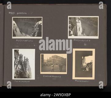 Fünf Gesichter auf Wien, gesehen vom Stephansdom, Berti Hoppe (evtl.), 1930 - 1931 Fotografie die Bildunterschrift besagt, dass es sich um zwei Gesichter auf dem Stephansplatz handelt, ein Gesicht auf der Wiener Staatsoper auf der Opernkreuzung, ein Detail des Turms und ein Blick durch ein Turmfenster auf den Stephansdom in Wien. Diese Fotos sind Teil eines Albums. Wiener Pappe. Fotografische Unterstützung Gelatine Silberdruck Quadrat, Ort, Zirkus usw. Architektonische Details. Fenster. opernhaus Wiener Staatsoper. Opernring. Stephansdom Stockfoto