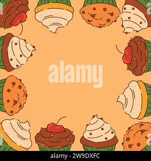 Quadratischer Rahmen von Cupcakes verziert mit Creme, Kirsche, Schokoladentropfen, Vektor-Doodle-Illustration Stock Vektor