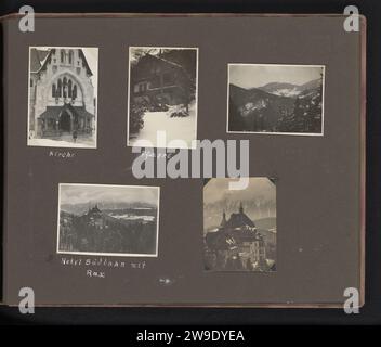 Wintersporturlaub in Semmering, Österreich, Berti Hoppe (möglich), 1930 fotografieren vier Gesichter auf Gebäuden und eine Winterlandschaft in Semmering. Die Bildunterschriften besagen, dass es sich um eine Kirche, ein Pfarrgebäude und zwei Gesichter auf dem Südbahnhotel handelt. Diese Fotos sind Teil eines Albums. Semmering-Karton. Fotomaterial Gelatinekirche mit Silberdruck (außen). Winterlandschaft; Landschaft, die den Winter symbolisiert (die vier Jahreszeiten). Hotel, Hostelry, inn Semmering Stockfoto