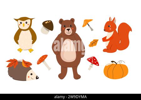 Niedliche Zeichentricktiere - Set aus Bären, Eulen, Squirll und Igel. Vektorillustration kann für Aufkleber, Tapeten, Etiketten, Maskottchen des Herbstes verwendet werden. Waldkariktiere im Herbst mit Pumkin und Pilz Stock Vektor
