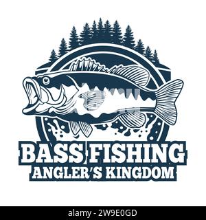 Bass Fishing Logo Bass Fish mit Rute Club Emblem. Angeln Thema Vektor Illustration. Isoliert auf weiß. Stock Vektor