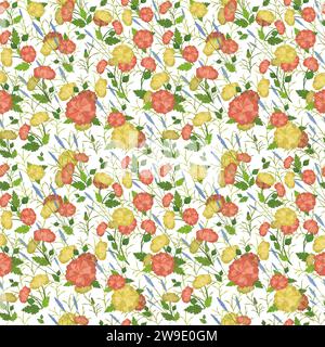 Nahtloses Blumenmuster mit roten und gelben Pfingstrosenblüten Stock Vektor