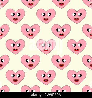 Nahtloses Muster mit Herz-Pink-Lächeln-Charakter für Valentinstag. Augen in Form des Herzens. Maskottchen im groovigen Y2K-Stil. Vektor-Zeichentrick-Illustration. Stock Vektor