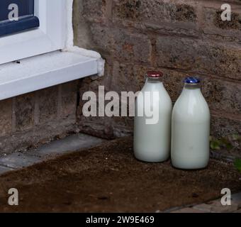 Doorstep Milchlieferung GB. Ein Pint Magermilch und ein Pint halbMagermilch in Glasflaschen vor der Haustür, die ein Milchmann in Großbritannien hinterlassen hat. Stockfoto