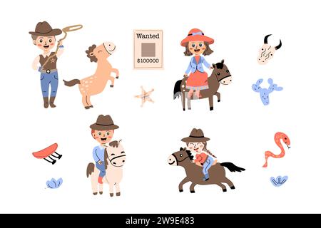 Cowboy und Cowgirl Kinder Party Banner oder Poster. Vektor-Illustration in flachem Cartoon-Stil. Geeignet für Geburtstagseinladungen für Kinder. Stock Vektor