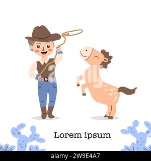 Cowboy Pferd Kinder Party Banner oder Poster. Vektor-Illustration in flachem Cartoon-Stil. Geeignet für Geburtstagseinladungen für Kinder. Stock Vektor