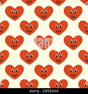 Nahtloses Muster mit Herz Rotes Lächeln zum Valentinstag. Maskottchen im groovigen Y2K-Stil. Vektor-Zeichentrick-Illustration. Stock Vektor