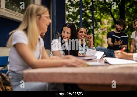 Multirassische Gruppe von Studenten, die in guter Atmosphäre zusammen studieren, versammelte sich am Tisch im Universitätshof Stockfoto