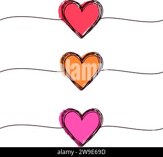 Verworrenes Grungy Hearts Scribble Set handgezeichnet mit dünner Linie und roter Tinte, Teilerform. Isoliert auf weißem Hintergrund. Vektorabbildung Stock Vektor