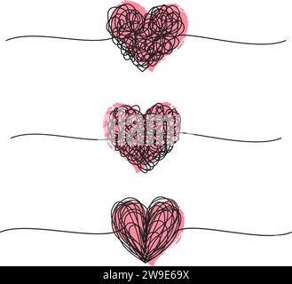 Verworrenes Grungy Hearts Scribble Set handgezeichnet mit dünner Linie und roter Tinte, Teilerform. Isoliert auf weißem Hintergrund. Vektorabbildung Stock Vektor
