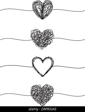 Set aus vier verworrenen grungy Heart Scribbles handgezeichnet mit dünner Linie, Teilerform. Isoliert auf weißem Hintergrund. Vektorabbildung Stock Vektor
