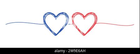 Zwei verschlungene Herzen, rosa und blau, handgezeichnet, mit dünner Linie, Trennlinie. Isoliert auf weißem Hintergrund. Vektordarstellung Stock Vektor