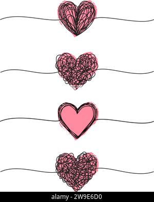 Banner mit verwickelten, grungy-herzförmigen Kritzeleien, handgezeichnet mit dünner Linie und roten Tintenherzen, Teilerform. Isoliert auf weißem Hintergrund. Vektorillus Stock Vektor
