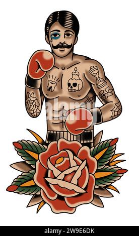 Tätowierte männliche Boxershorts im traditionellen Tattoo-Art-Stil Stockfoto