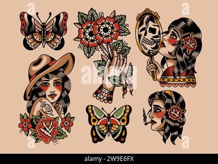 Old School Tattoo Flash Sheet, Frau, Schmetterling, Blumen, Schädel Stockfoto