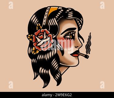 Alte Schule Tattoo Zeichnung rauchende Frau Stockfoto