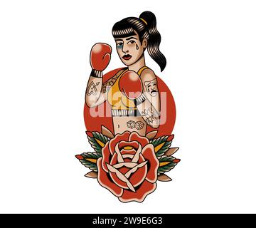 Weibliche Boxerin im Old-School-Tattoo-Stil Stockfoto