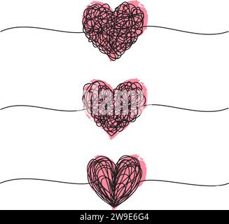 Banner mit verwickelten, grungy-herzförmigen Kritzeleien, handgezeichnet mit dünner Linie und roten Tintenherzen, Teilerform. Isoliert auf weißem Hintergrund. Vektorillus Stock Vektor