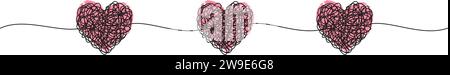 Banner mit verwickeltem, grungy Heart kritzelt Hand gezeichnet mit dünner Linie und roten Herzen, Trennwand-Form. Isoliert auf weißem Hintergrund. Vektor-Illustration Stock Vektor