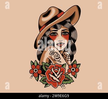 Old School Tattoo Zeichnung tätowiertes Cowgirl mit Blumen Stockfoto