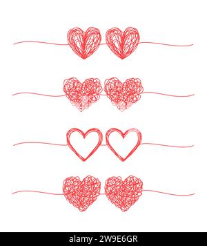 Set aus gekoppelten Herzen verwickelte grungy Scribble Banner, handgezeichnet mit dünner Linie, Trennform. Isoliert auf weißem Hintergrund. Vektorabbildung Stock Vektor