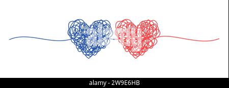 Zwei verschlungene Herzen, rosa und blau, handgezeichnet, mit dünner Linie, Trennlinie. Isoliert auf weißem Hintergrund. Vektordarstellung Stock Vektor