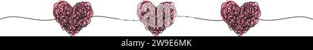 Banner mit verwickeltem, grungy Heart kritzelt Hand gezeichnet mit dünner Linie und roten Herzen, Trennwand-Form. Isoliert auf weißem Hintergrund. Vektor-Illustration Stock Vektor