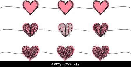 Banner mit verwickelten, grungy-herzförmigen Kritzeleien, handgezeichnet mit dünner Linie und roten Tintenherzen, Teilerform. Isoliert auf weißem Hintergrund. Vektorillus Stock Vektor