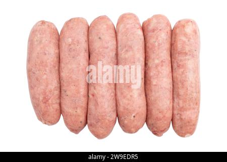 Ungekochte Schweinefleisch-Würstchen isoliert auf weißem Hintergrund, Frische-Lebensmittel mit Schneideweg, rohe Fleischwürste zum Grillen Stockfoto