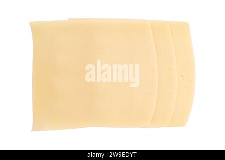 Käsescheiben isoliert auf weißem Hintergrund, Stückchen Gouda-Käse in Scheiben, mit Schnittpfade Stockfoto