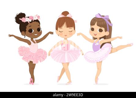 Gruppe Multikultureller Mädchen, Die Tanzen. Set Aus Drei Ballerinas. Afroamerikanisches Kinderkleid mit pinkem Tutu-Kleid und Tanz-Pointe-Training. Kaukasisches Ballett Stock Vektor