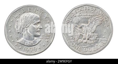 1979 P FG Susan B. Anthony Dollar Vorder- und Rückseite. Die erste in Umlauf befindliche US-Münze mit einer Frau, produziert 79-81 und 99. Zeigt die Suffragstin Susan B. Stockfoto