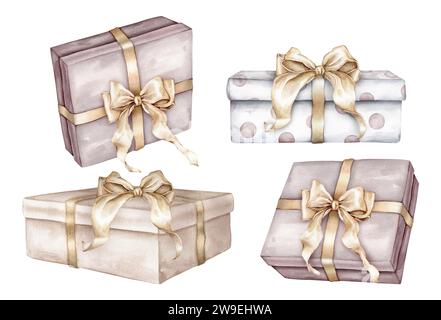 Set aus Merry New Year and Birthday Pastellfarbe und weiß mit Punktmuster Geschenkboxen mit Schleifen. Aquarellhandzeichnung Illustration auf isoliertem Stockfoto