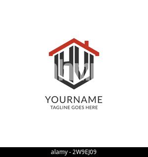 Initial Logo HV Monogramm mit Hauptdach sechseckförmigem Design, einfache und minimalistische Real Estate Logo Design Vektorgrafik Stock Vektor